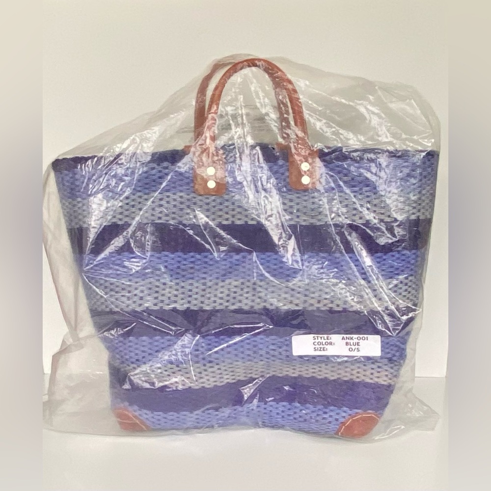 LOVESTITCH Woven Multi-Striped Tote Basket Bag, with Hand-cut Leather Handles - Picture 12 of 12